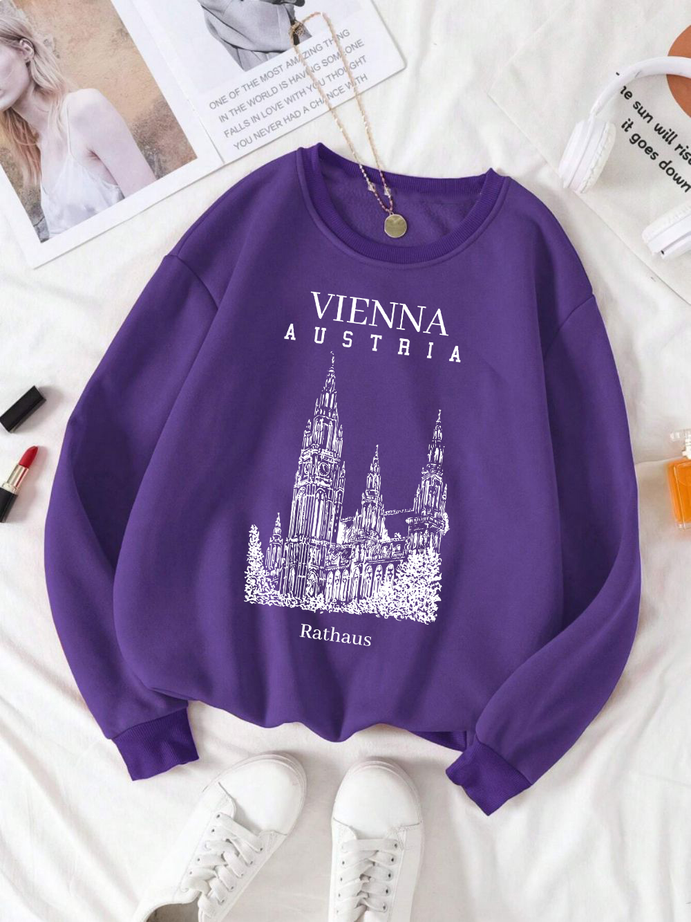 Winter Clothing Vienna - เวียนนาออสเตรียราธาอุสพิมพ์ผู้หญิงเสื้อสเวตเตอร์คอกลมเสื้อสวมหัวขนแกะฤดูใบไม้ร่วงสตรีทแวร์ผู้หญิง Y2K เสื้อผ้าหลวม