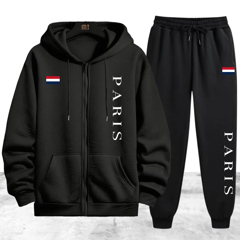 Winter Clothing Essentials - ชุดวอร์มผู้ชาย Paris Printing เสื้อฮู้ดซิปแบบลำลอง เสื้อโค้ทสำหรับกีฬาและวิ่งจ๊อกกิ้งในชีวิตประจำวัน เสื้อผ้าฤดูใบไม้ร่วงและฤดูหนาว