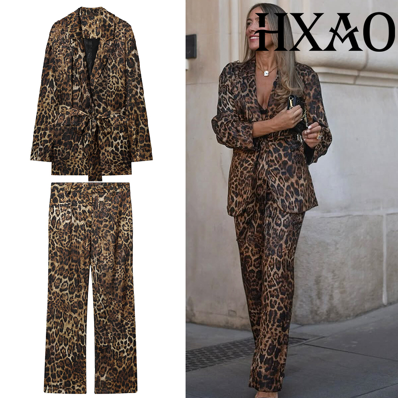 Winter Clothing Vintage - ชุดเซ็ตเสื้อผ้าลายเสือดาว HXAO ชุดเซ็ต 2 ชิ้น เสื้อเบลเซอร์ยาวสไตล์วินเทจ