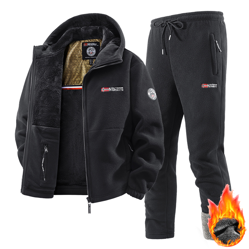 Winter Clothing Essentials - ชุดกีฬาฤดูหนาวใหม่สำหรับผู้ชาย ชุดเทรนนิ่งสไตล์เรโทร เสื้อแจ็คเก็ตมีฮู้ดผ้าฟลีซหนา + กางเกง ชุดสองชิ้น
