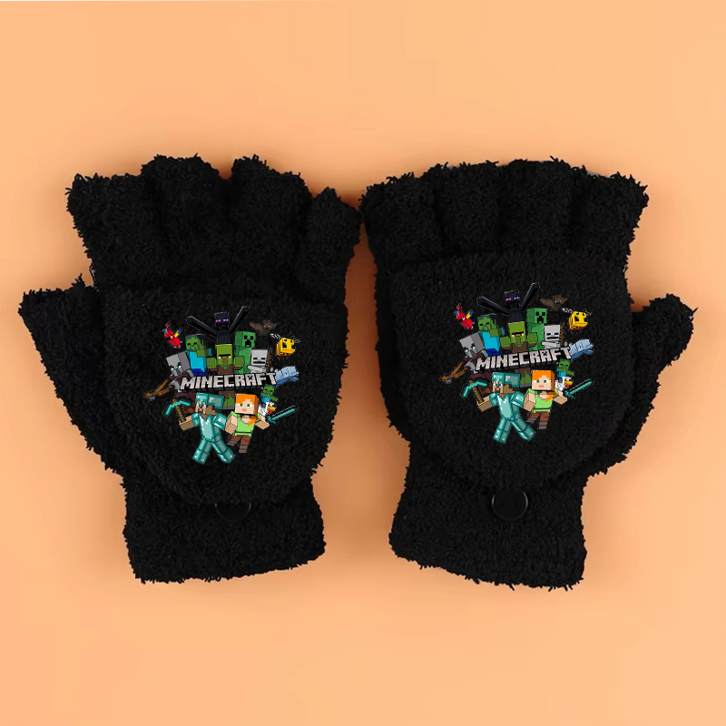 Winter Clothing Boys - ถุงมือพิมพ์ลายธีมเกมใหม่ Minecraft สำหรับเด็กอายุ 4-13 ปี ถุงมือแบบครึ่งนิ้วพับได้