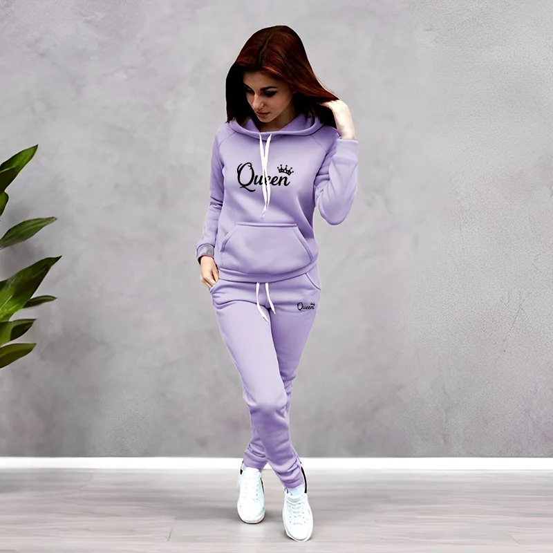 Winter Clothing For Women - ชุดวอร์มผู้หญิง พิมพ์ลายตัวอักษร Queen เสื้อฮู้ดคุณภาพสูง ชุดออกกำลังกาย แฟชั่นลำลอง