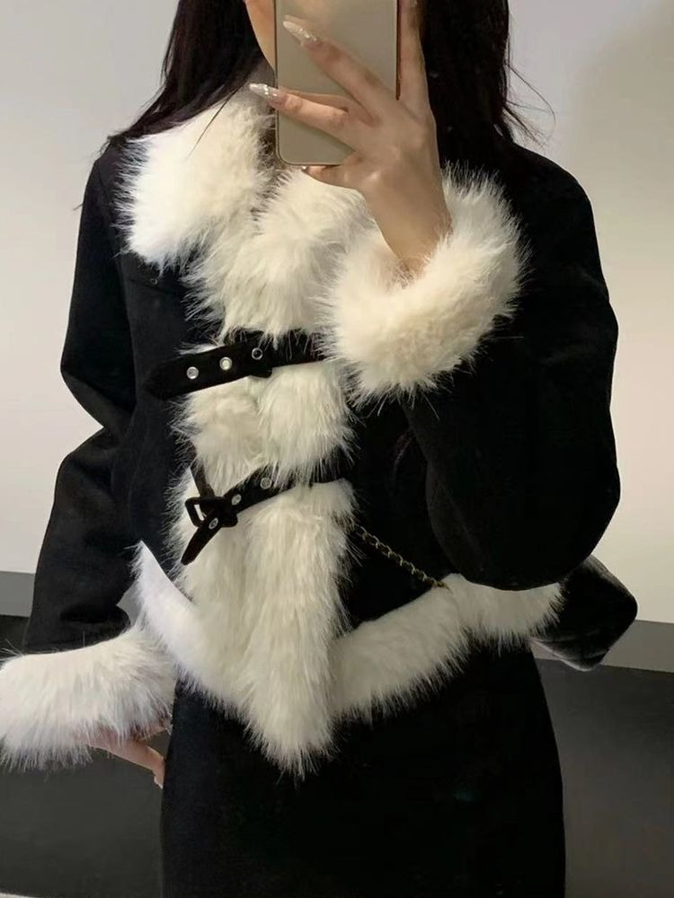 Winter Clothing Vintage - ชุดเซ็ตสไตล์วินเทจเกาหลี ดีไซน์อบอุ่น สำหรับผู้หญิง เสื้อโค้ทคอขนเฟอร์เทียมสุดหรู + กระโปรงสั้น