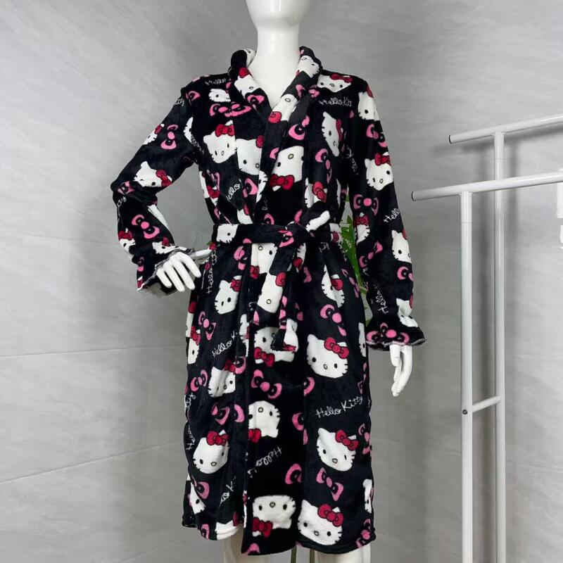 Winter Clothing Essentials - ชุดนอนเฮลโลคิตตี้ใหม่ฤดูใบไม้ร่วงฤดูหนาวเสื้อคลุมอาบน้ำความยาวปานกลางที่ให้ความอบอุ่น ชุดนอนผู้หญิงที่ให้ความอบอุ่น เสื้อผ้าสำหรับใส่ในบ้านสามารถสวมใส่ได้นอกเสื้อคลุม