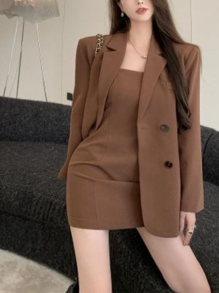 Winter Clothing Ladies - ชุดเซ็ต 2 ชิ้น สีน้ำตาล สไตล์หรูหรา สำหรับฤดูใบไม้ร่วงและฤดูหนาว