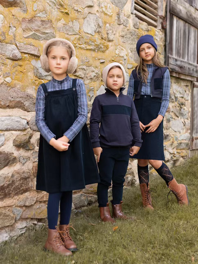 Winter Clothing Boys - AP 2025 AW Corduroyคอลเลกชันน้ําเงินเด็กหญิงเด็กชายชุดจัมเปอร์กระโปรงครอบครัวจับคู่เสื้อผ้าสบายๆลายสก๊อตเสื้อผ้า