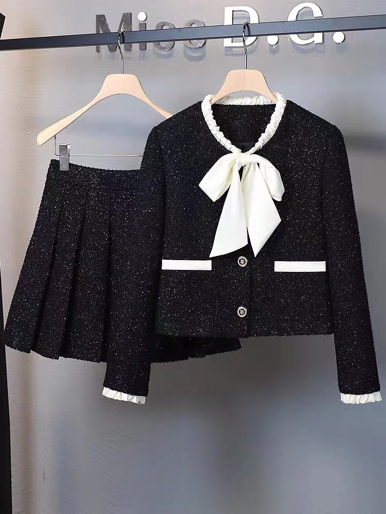 Winter Clothing Vintage - ชุดสูท Y2K เก๋ไก๋หรูหราของผู้หญิงเสื้อโค้ทชุดเสื้อและ ROK MINI สองชิ้นชุดที่เข้ากันเสื้อผ้าปาร์ตี้วินเทจชุดเครื่องแบบสีดำ