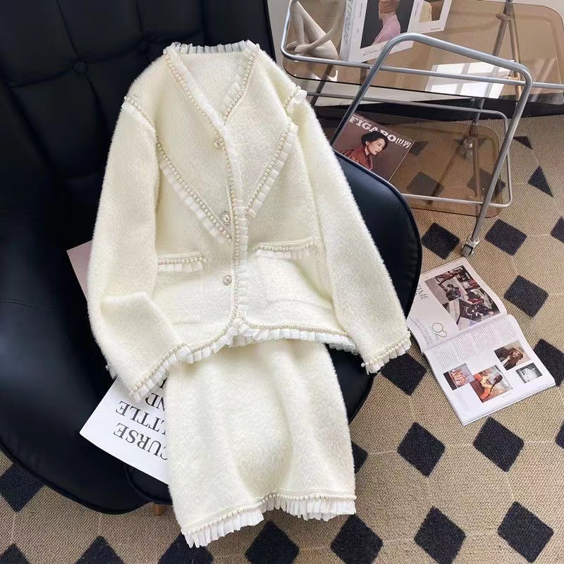 Winter Clothing Vintage - แจ็กเก็ตสองชิ้นสำหรับผู้หญิง, เสื้อแจ็กเก็ตเสื้อและกระโปรงสไตล์วินเทจเสื้อผ้าฝรั่งเศสกลิ่นหอมสำหรับฤดูหนาว