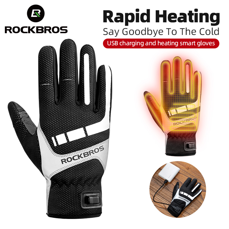 Heated Gloves Electric - ROCKBROS ถุงมือฤดูหนาวอุ่นถุงมือขี่จักรยาน USB ชาร์จไฟฟ้าถุงมือสกีหน้าจอสัมผัสรถจักรยานยนต์ขี่เดินป่าถุงมือหิมะ