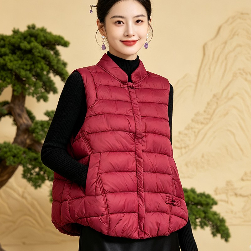 Winter Clothing Essentials - เสื้อกั๊กผู้หญิงสไตล์จีน ให้ความอบอุ่น น้ำหนักเบา ผ้าฝ้าย สำหรับฤดูใบไม้ร่วงและฤดูหนาว เสื้อกั๊กสีพื้นพร้อมกระดุม