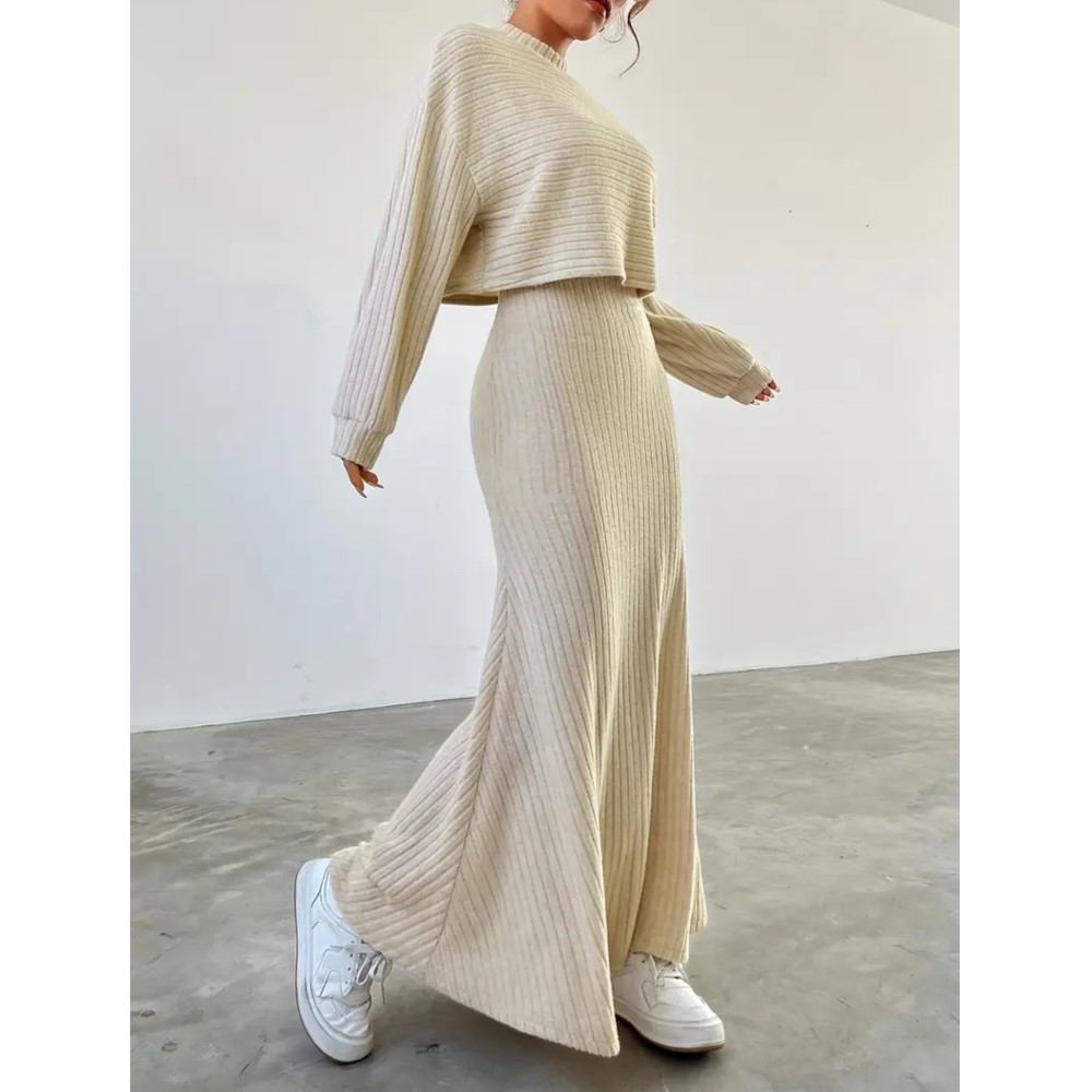 Winter Clothing Ladies - ชุดเดรสแขนยาวสไตล์ฤดูใบไม้ร่วง+เดรสยาว ชุดเดรสแฟชั่นอเนกประสงค์ ชุดลำลอง ชุดเซ็ตสองชิ้นสำหรับผู้หญิง ดีไซน์หรูหรา